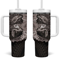 Hawaiian Plumeria and Hibiscus with Turtles Tumbler With Handle Polynesian Art Grayscale - Polynesian Pride