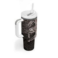 Hawaiian Plumeria and Hibiscus with Turtles Tumbler With Handle Polynesian Art Grayscale - Polynesian Pride