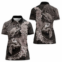 Hawaiian Plumeria and Hibiscus with Turtles Women Polo Shirt Polynesian Art Grayscale - Polynesian Pride
