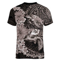 Hawaiian Plumeria and Hibiscus with Turtles Women V-Neck T-Shirt Polynesian Art Grayscale - Polynesian Pride