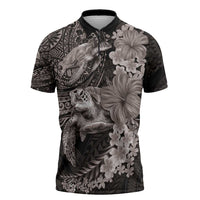 Hawaiian Plumeria and Hibiscus with Turtles Zipper Polo Shirt Polynesian Art Grayscale - Polynesian Pride