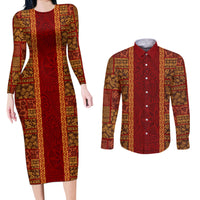 Hawaii Style Hibiscus and Tribal Element Fabric Patchwork Couples Matching Long Sleeve Bodycon Dress and Long Sleeve Button Shirt LT03 Red - Polynesian Pride