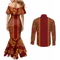 Hawaii Style Hibiscus and Tribal Element Fabric Patchwork Couples Matching Mermaid Dress and Long Sleeve Button Shirt LT03 - Polynesian Pride
