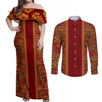 Hawaii Style Hibiscus and Tribal Element Fabric Patchwork Couples Matching Off Shoulder Maxi Dress and Long Sleeve Button Shirt LT03 Red - Polynesian Pride