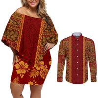 Hawaii Style Hibiscus and Tribal Element Fabric Patchwork Couples Matching Off Shoulder Short Dress and Long Sleeve Button Shirt LT03 Red - Polynesian Pride