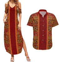 Hawaii Style Hibiscus and Tribal Element Fabric Patchwork Couples Matching Summer Maxi Dress and Hawaiian Shirt LT03 Red - Polynesian Pride