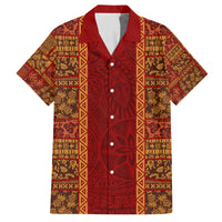 Hawaii Style Hibiscus and Tribal Element Fabric Patchwork Family Matching Tank Maxi Dress and Hawaiian Shirt LT03 Dad's Shirt - Short Sleeve Red - Polynesian Pride