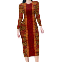 Hawaii Style Hibiscus and Tribal Element Fabric Patchwork Long Sleeve Bodycon Dress LT03 Long Dress Red - Polynesian Pride