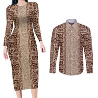 Hawaii Style Hibiscus and Tribal Element Fabric Patchwork Couples Matching Long Sleeve Bodycon Dress and Long Sleeve Button Shirt Beige Version LT03 Beige - Polynesian Pride
