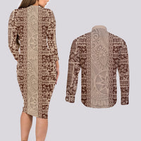 Hawaii Style Hibiscus and Tribal Element Fabric Patchwork Couples Matching Long Sleeve Bodycon Dress and Long Sleeve Button Shirt Beige Version LT03 - Polynesian Pride