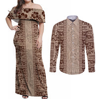 Hawaii Style Hibiscus and Tribal Element Fabric Patchwork Couples Matching Off Shoulder Maxi Dress and Long Sleeve Button Shirt Beige Version LT03 Beige - Polynesian Pride