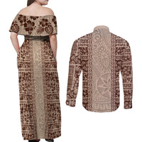 Hawaii Style Hibiscus and Tribal Element Fabric Patchwork Couples Matching Off Shoulder Maxi Dress and Long Sleeve Button Shirt Beige Version LT03 - Polynesian Pride