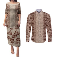 Hawaii Style Hibiscus and Tribal Element Fabric Patchwork Couples Matching Puletasi Dress and Long Sleeve Button Shirt Beige Version LT03 Beige - Polynesian Pride