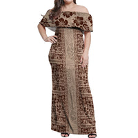 Hawaii Style Hibiscus and Tribal Element Fabric Patchwork Off Shoulder Maxi Dress Beige Version LT03 Women Beige - Polynesian Pride
