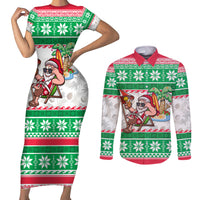 Hawaii Mele Kalikimaka Couples Matching Short Sleeve Bodycon Dress and Long Sleeve Button Shirt Aloha Santa and Palm Tree Mix Kakau Pattern LT03 Green - Polynesian Pride