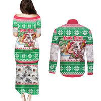 Custom Hawaii Mele Kalikimaka Couples Matching Puletasi Dress and Long Sleeve Button Shirt Aloha Santa and Palm Tree Mix Kakau Pattern LT03 - Polynesian Pride