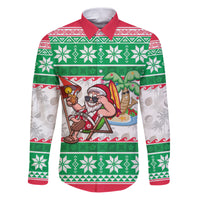Custom Hawaii Mele Kalikimaka Family Matching Puletasi Dress and Hawaiian Shirt Aloha Santa and Palm Tree Mix Kakau Pattern LT03 Dad's Shirt - Long Sleeve Green - Polynesian Pride
