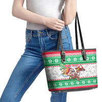 Custom Hawaii Mele Kalikimaka Leather Tote Bag Aloha Santa and Palm Tree Mix Kakau Pattern LT03 - Polynesian Pride