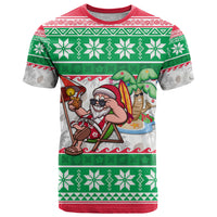 Custom Hawaii Mele Kalikimaka T Shirt Aloha Santa and Palm Tree Mix Kakau Pattern LT03 Green - Polynesian Pride