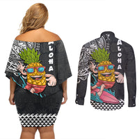 Hawaii Pineapple Surfing With Kakau Tribal Couples Matching Off Shoulder Short Dress and Long Sleeve Button Shirt LT03 - Polynesian Pride