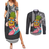 Hawaii Pineapple Surfing With Kakau Tribal Couples Matching Summer Maxi Dress and Long Sleeve Button Shirt LT03 Brown - Polynesian Pride