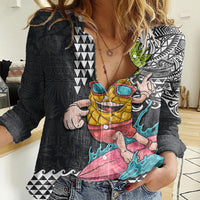 Hawaii Pineapple Surfing With Kakau Tribal Women Casual Shirt LT03 Female Brown - Polynesian Pride