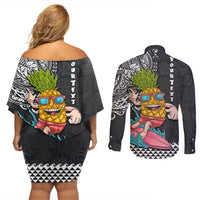 Hawaii Pineapple Surfing Kakau Tribal Personalised Couples Matching Off Shoulder Short Dress and Long Sleeve Button Shirt LT03 - Polynesian Pride