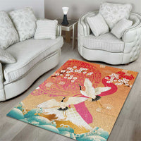 Hawaiian and Japanese Culture Together Area Rug Kakau Art Tattoo with Cranes and Sakura Spring Vibe - Polynesian Pride