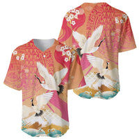 Hawaiian and Japanese Culture Together Baseball Jersey Kakau Art Tattoo with Cranes and Sakura Spring Vibe - Polynesian Pride