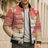 Hawaiian and Japanese Culture Together Bomber Puffer Jacket Kakau Art Tattoo with Cranes and Sakura Spring Vibe - Polynesian Pride
