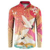 Hawaiian and Japanese Culture Together Button Sweatshirt Kakau Art Tattoo with Cranes and Sakura Spring Vibe - Polynesian Pride