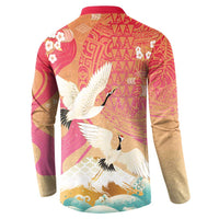 Hawaiian and Japanese Culture Together Button Sweatshirt Kakau Art Tattoo with Cranes and Sakura Spring Vibe - Polynesian Pride