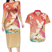 Hawaiian and Japanese Culture Together Couples Matching Long Sleeve Bodycon Dress and Hawaiian Shirt Kakau Art Tattoo with Cranes and Sakura Spring Vibe - Polynesian Pride