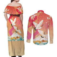 Hawaiian and Japanese Culture Together Couples Matching Off Shoulder Maxi Dress and Long Sleeve Button Shirt Kakau Art Tattoo with Cranes and Sakura Spring Vibe - Polynesian Pride