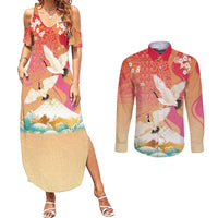 Hawaiian and Japanese Culture Together Couples Matching Summer Maxi Dress and Long Sleeve Button Shirt Kakau Art Tattoo with Cranes and Sakura Spring Vibe - Polynesian Pride