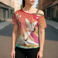 Hawaiian and Japanese Culture Together Cross Shoulder Shirt Kakau Art Tattoo with Cranes and Sakura Spring Vibe - Polynesian Pride