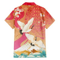 Hawaiian and Japanese Culture Together Family Matching Off The Shoulder Long Sleeve Dress and Hawaiian Shirt Kakau Art Tattoo with Cranes and Sakura Spring Vibe - Polynesian Pride