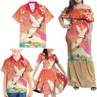Hawaiian and Japanese Culture Together Family Matching Off Shoulder Maxi Dress and Hawaiian Shirt Kakau Art Tattoo with Cranes and Sakura Spring Vibe - Polynesian Pride