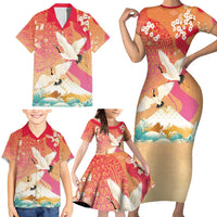 Hawaiian and Japanese Culture Together Family Matching Short Sleeve Bodycon Dress and Hawaiian Shirt Kakau Art Tattoo with Cranes and Sakura Spring Vibe - Polynesian Pride