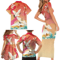 Hawaiian and Japanese Culture Together Family Matching Short Sleeve Bodycon Dress and Hawaiian Shirt Kakau Art Tattoo with Cranes and Sakura Spring Vibe - Polynesian Pride