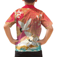 Hawaiian and Japanese Culture Together Kid Hawaiian Shirt Kakau Art Tattoo with Cranes and Sakura Spring Vibe - Polynesian Pride