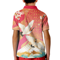 Hawaiian and Japanese Culture Together Kid Polo Shirt Kakau Art Tattoo with Cranes and Sakura Spring Vibe - Polynesian Pride