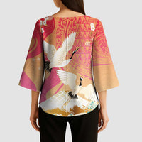 Hawaiian and Japanese Culture Together Kimono Sleeve Blouse Kakau Art Tattoo with Cranes and Sakura Spring Vibe - Polynesian Pride
