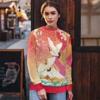 Hawaiian and Japanese Culture Together Ugly Christmas Sweater Kakau Art Tattoo with Cranes and Sakura Spring Vibe - Polynesian Pride