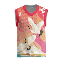 Hawaiian and Japanese Culture Together Christmas Knitted V-Neck Vest Kakau Art Tattoo with Cranes and Sakura Spring Vibe - Polynesian Pride