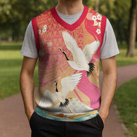 Hawaiian and Japanese Culture Together Christmas Knitted V-Neck Vest Kakau Art Tattoo with Cranes and Sakura Spring Vibe - Polynesian Pride