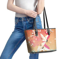 Hawaiian and Japanese Culture Together Leather Tote Bag Kakau Art Tattoo with Cranes and Sakura Spring Vibe - Polynesian Pride