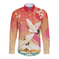 Hawaiian and Japanese Culture Together Long Sleeve Button Shirt Kakau Art Tattoo with Cranes and Sakura Spring Vibe - Polynesian Pride