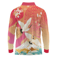Hawaiian and Japanese Culture Together Long Sleeve Polo Shirt Kakau Art Tattoo with Cranes and Sakura Spring Vibe - Polynesian Pride