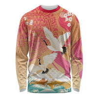 Hawaiian and Japanese Culture Together Long Sleeve Shirt Kakau Art Tattoo with Cranes and Sakura Spring Vibe - Polynesian Pride